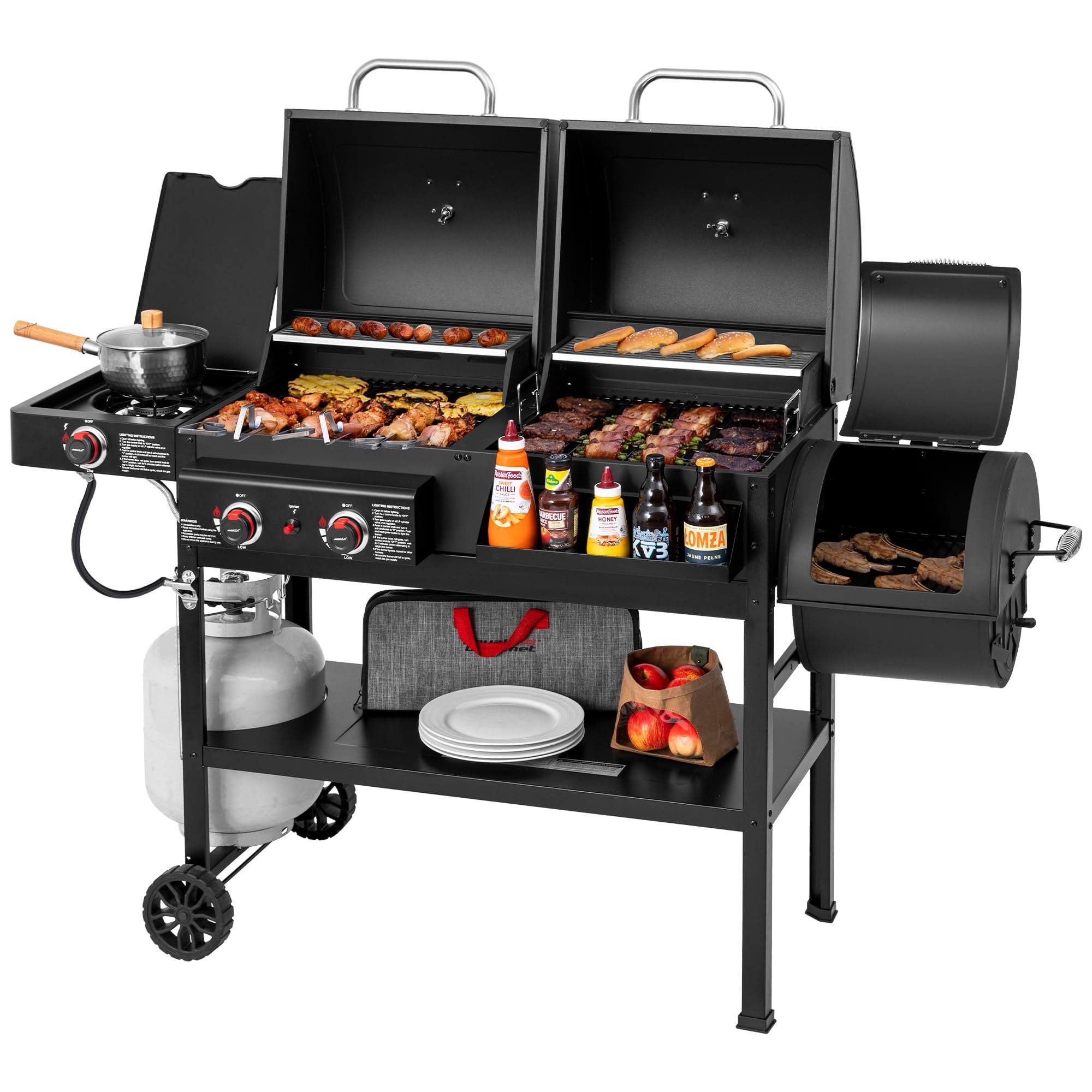 2-Burner Gas and Charcoal Grill Combo with Offset Smoker & Side Burner, 34,000 BTU Dual Fuel Grill, 1020 Sq. In. Cooking Area, Ideal for Outdoor Cooking, Black, ZH3005Y-SC