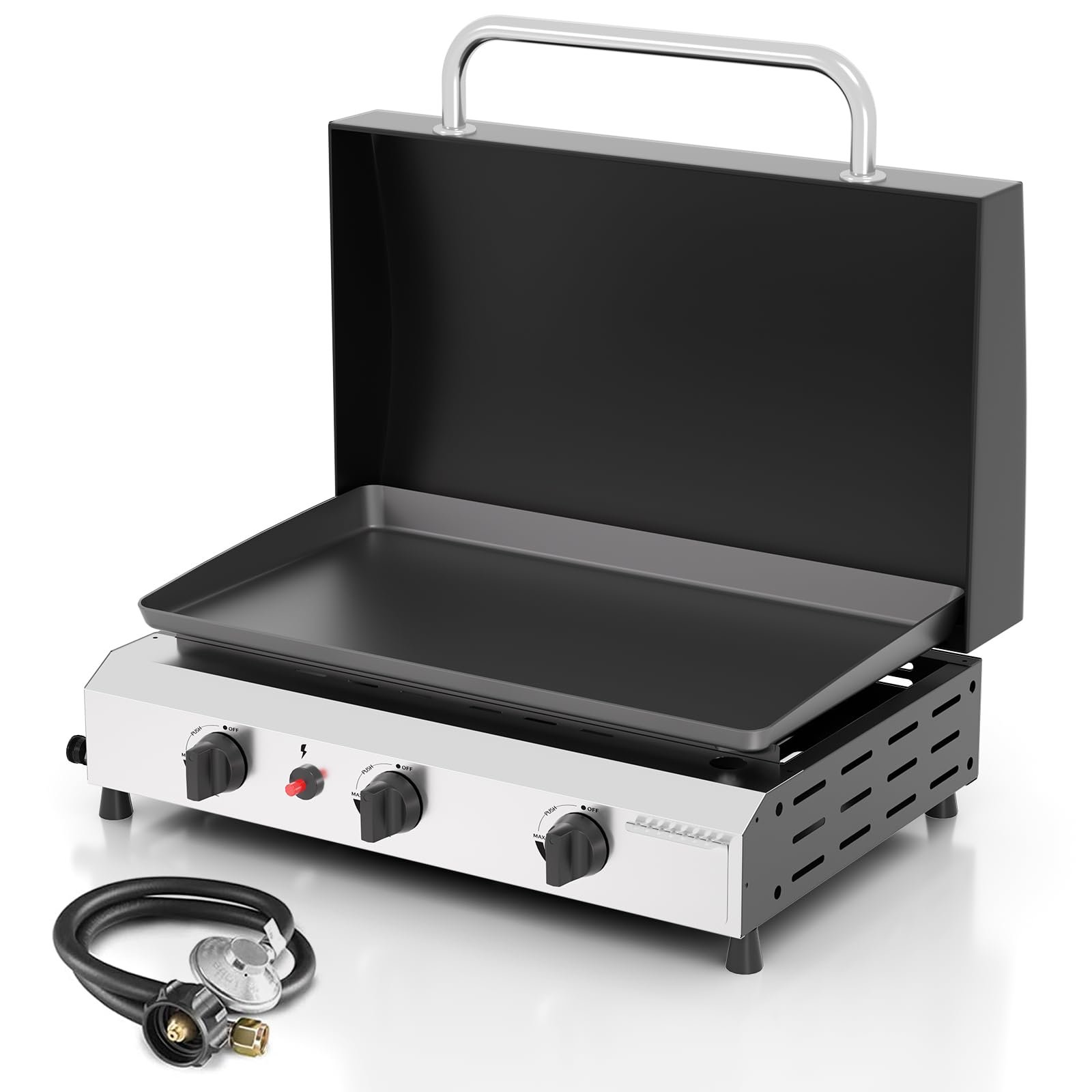 3 Burner BBQ Gas Griddle with Hood, 25.6 Inch Stainless Steel Portable Detachable Propane Griddle, 45,000 BTU Flat Top Grill with Lid for Camping, Silver