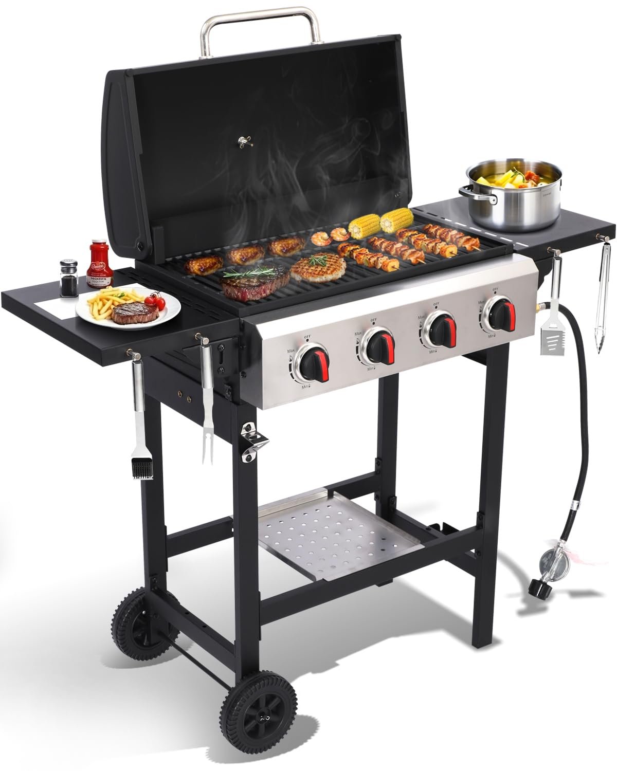 4 Burner Gas Grills Outdoor Cooking Propane Gas Grill BBQ Grill Portable Barbecue Grills with Cast Iron Grate, Pan and Folding Side Table 40000 BTU Output Easy-Clean