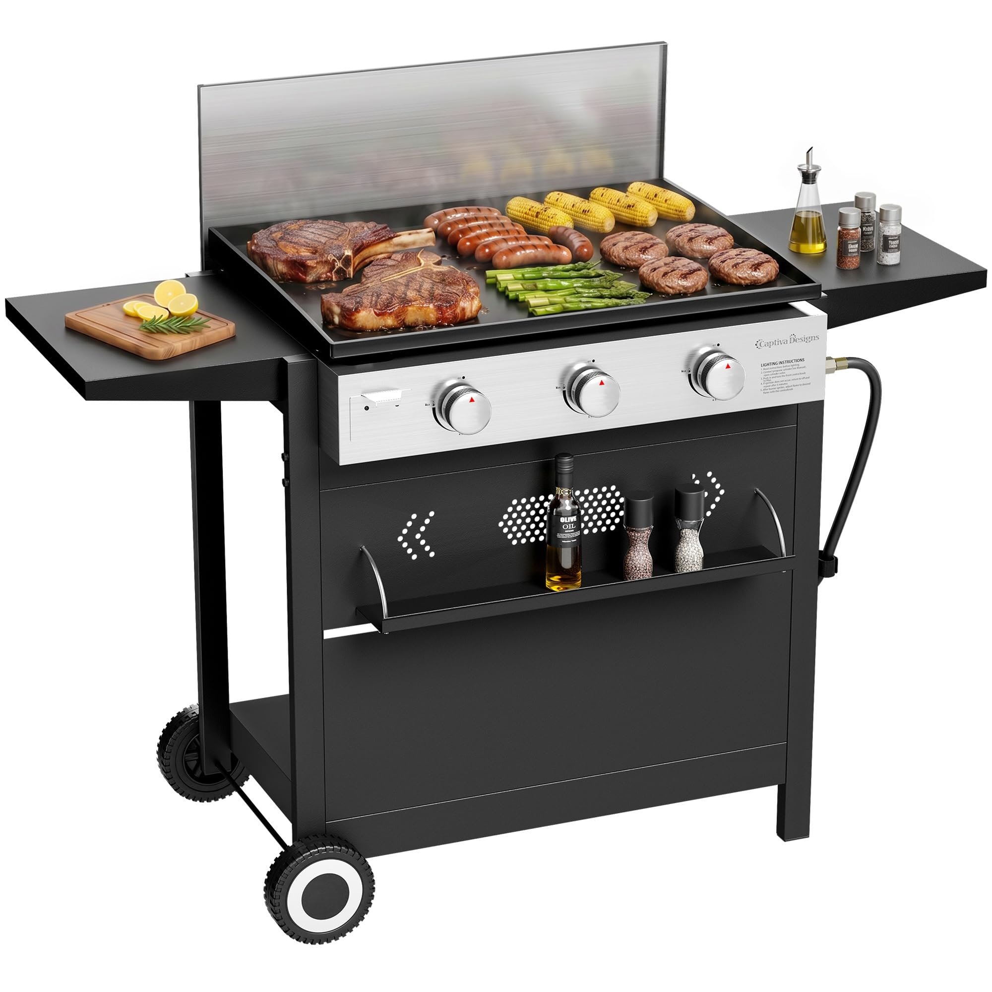 Captiva Designs 27 in Flat Top Griddle Grill with Ceramic Coated Cast Iron Pan, 3-Burner Propane Gas Griddle Grill, 33,000 BTU Output Flattop Grills for Outdoor Barbecue, Cooking and Party