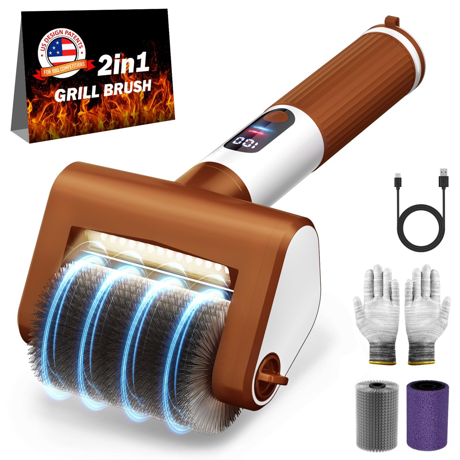 Electric Grill Brush, 2-Speed BBQ Grill Brush with LED Light/Screen Powerful Cleaning 800RPM/4000mAh/2 Brush Heads No Bristle Shedding Rechargeable Lightweight Grill Cleaner for Outdoor/Camping