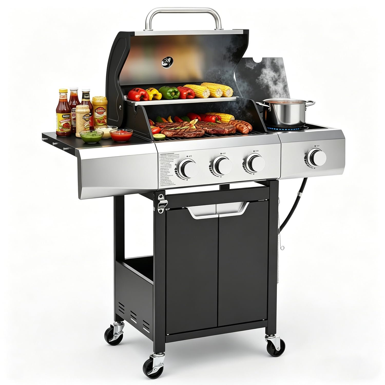 EUHOME 40,500 BTU 3-Burner Propane Gas Grill with Side Burner, Stainless Steel Outdoor BBQ Grill with 380 sq.in Cooking Space, 4 Swivel Casters & Cast Iron Grates for Patio Backyard Garden