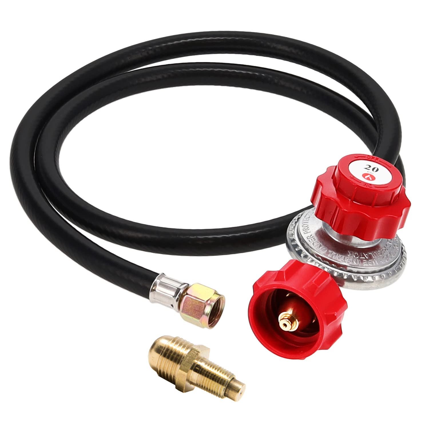 GASONE Propane Regulator - Brass Orifice 4 ft High Pressure 0-20 PSI Adjustable With Hose QCC-1 Type - Works With Any U.S. Tanks Red