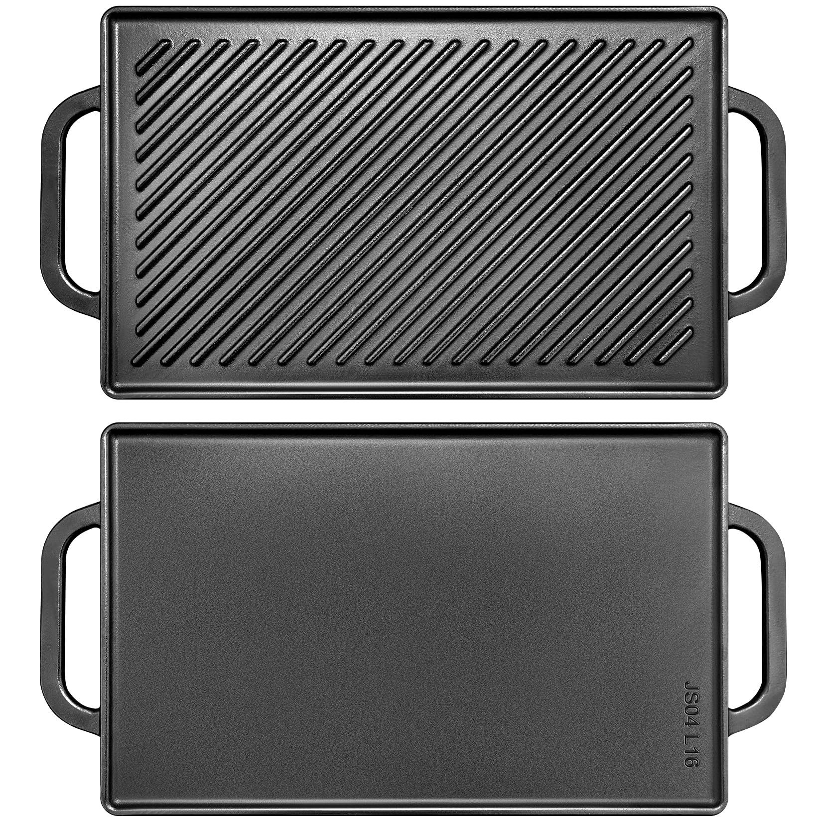 GGC Cast Iron Reversible Grill Griddle，Double Sided Grill Pan Perfect for Gas Grills and Stove Tops, 13 x 8.25 Rectangular Baking Flat and Ribbed Griddle Plate