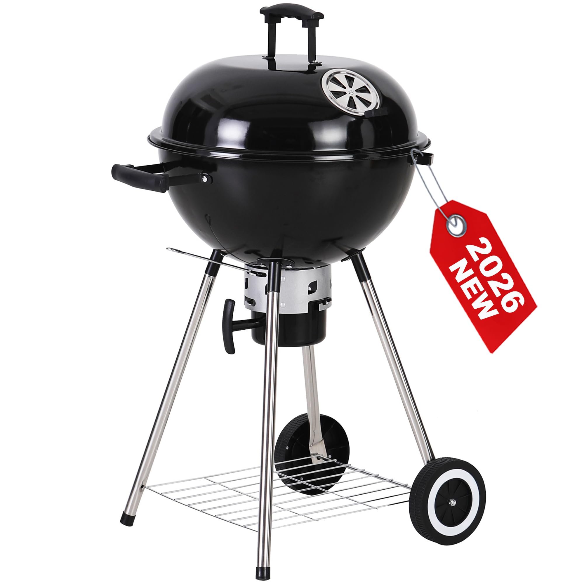GREEN PARTY 22 inch Kettle Charcoal BBQ Grill with Wheels, Portable Charcoal Grill with Porcelain-Enameled Lid & Ash Catcher for Outdoor Cooking Barbecue Camping Picnics Tailgating, Black