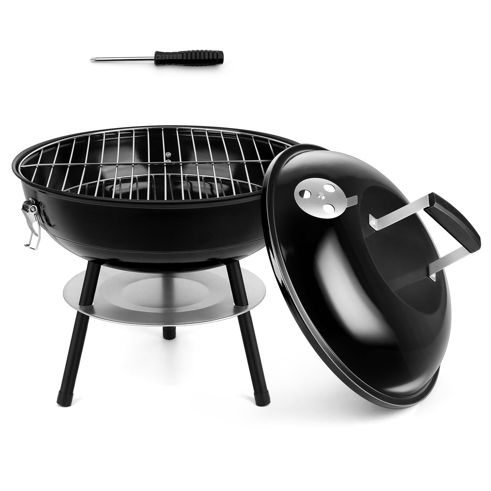 HaSteeL 14 Inch Charcoal Grill, Small Black Enamel Outdoor BBQ Grill, Mini Flat Top Kettle Barbecue Grill with Screwdriver, Portable for Backyard Garden Camping Cooking Smoking, Dual Venting System