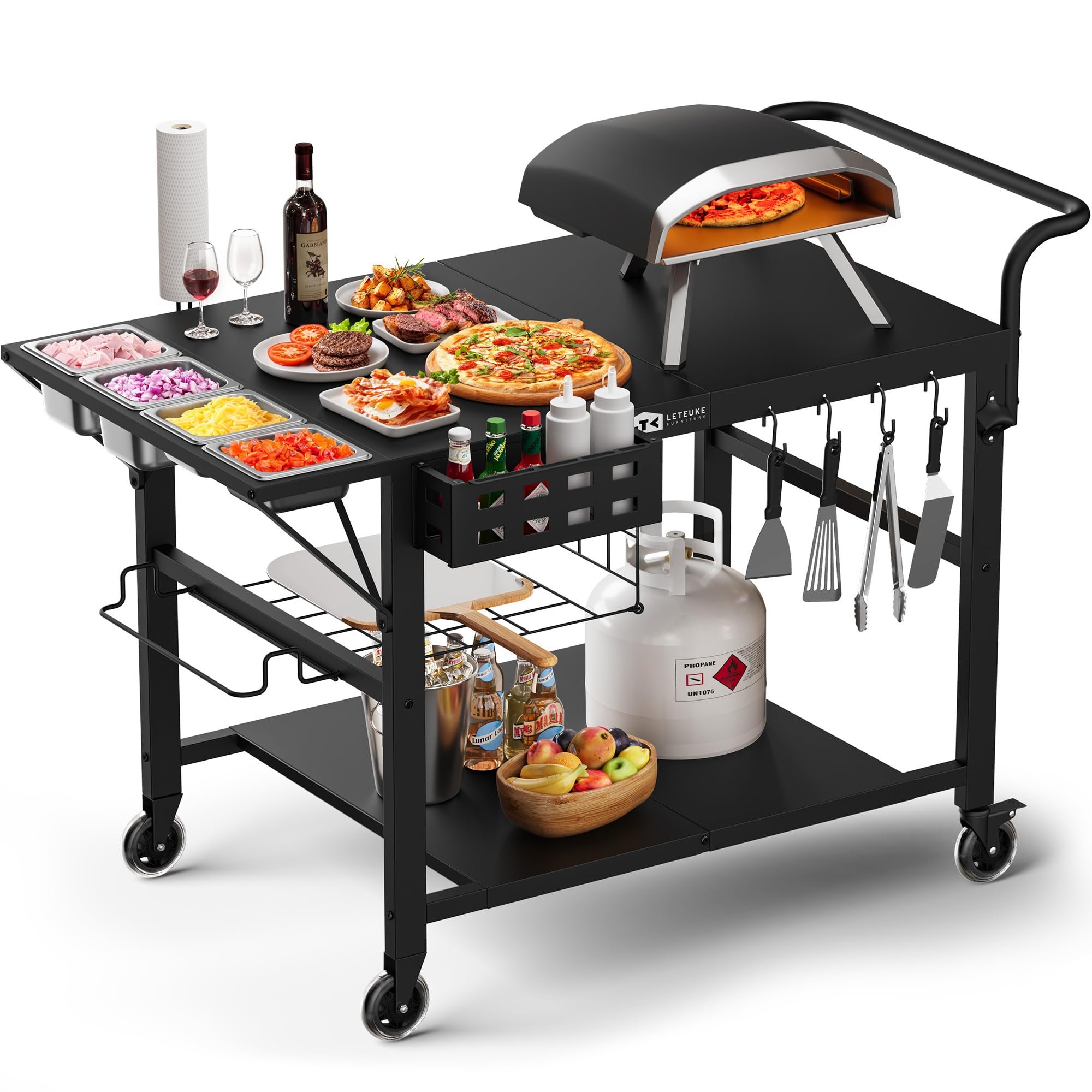 Leteuke Pizza Oven Table, Grill Cart Table for Blackstone Griddle, Outdoor Pizza Oven Stand Fits Ninja, Cuisinart, Gozney, Solo Stove, BBQ Prep Tables Station with Seasoning Tray, 47"x27.5"x30"