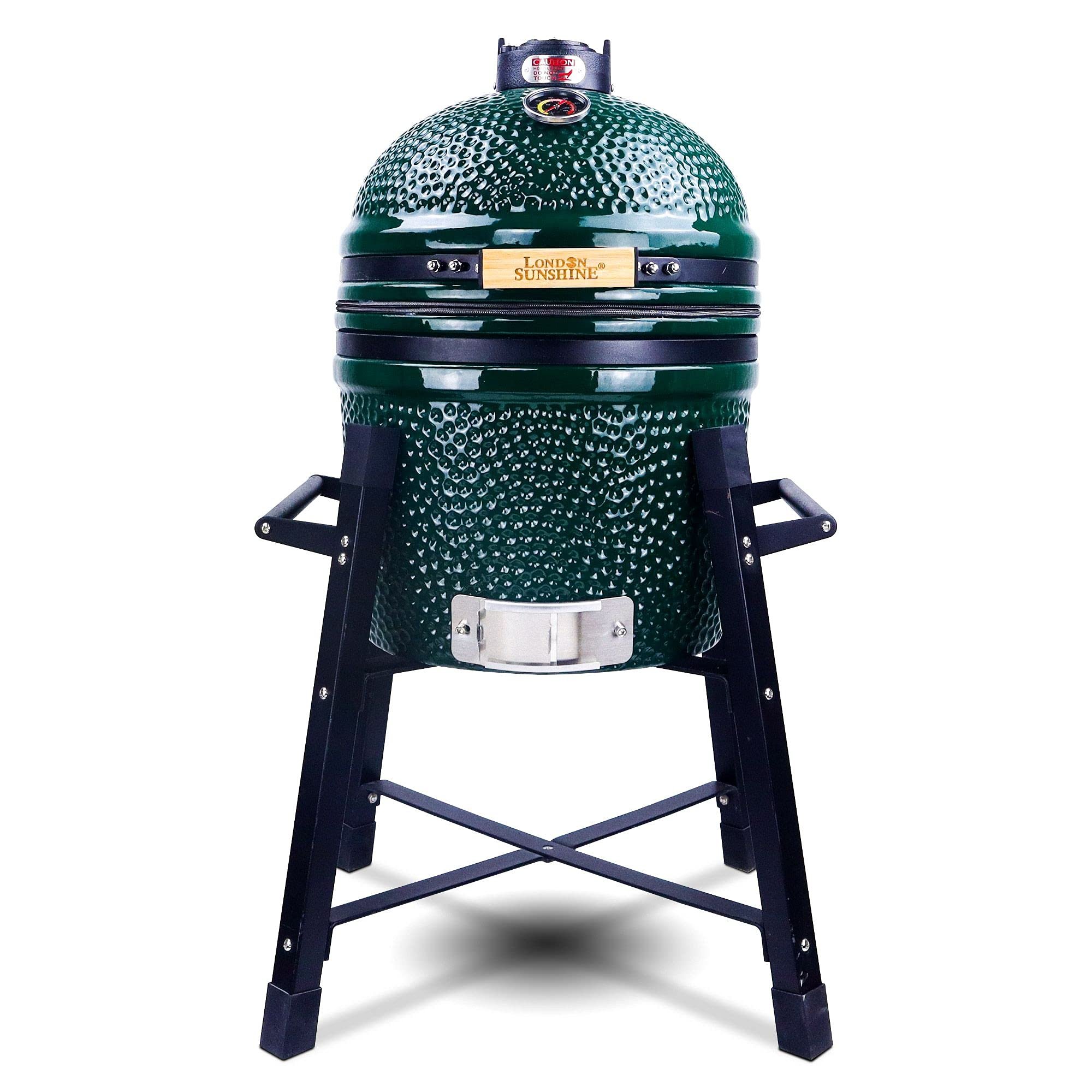 London Sunshine Ceramic Kamado Charcoal BBQ Grill and Smoker, Stainless Steel Grates -15" Ceramic with Tall Stand (GREEN)