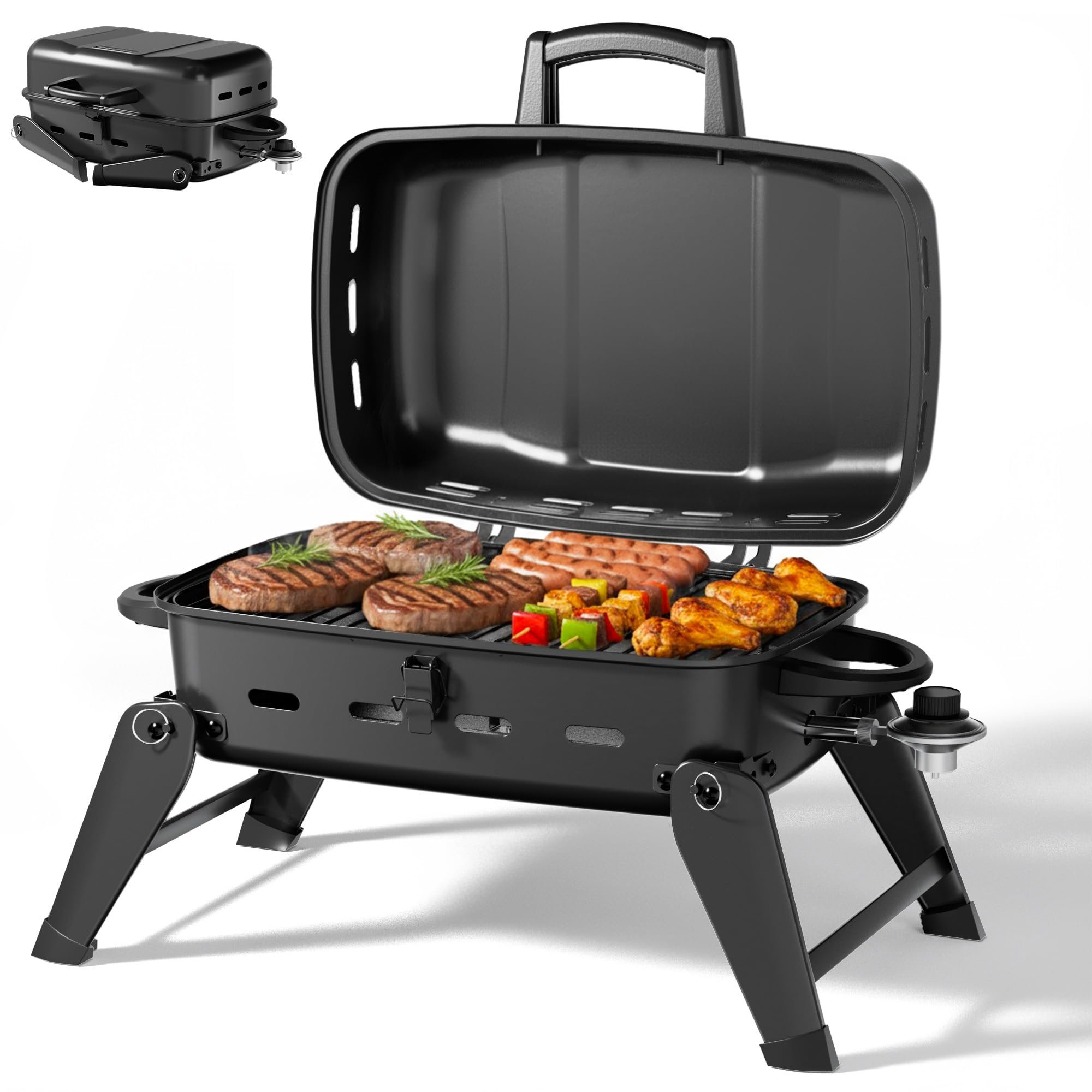 MASTER COOK 10,000 BTU Portable Gas Grill, Outdoor Compact Tabletop BBQ Small Propane Grill with Foldable Legs for RV, Hiking, Camping, Patio, Tailgating