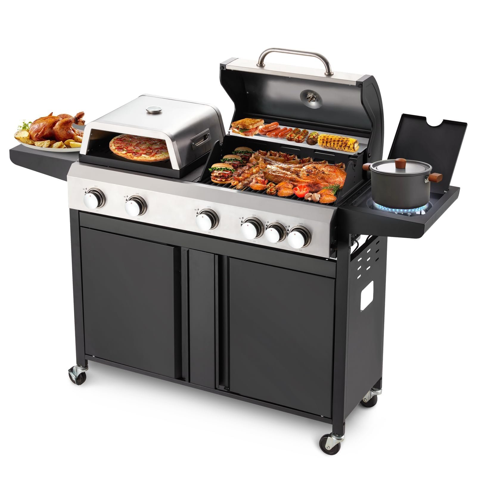 MELLCOM 3 IN 1 Pizza Griddle Grill Combo, 74,000 BTU 5-Burner Stainless Steel Propane Gas Grill with Side Burner, Porcelain Enameled Cast Iron Grates, Griddle & Pizza Oven for Outdoor Patio Backyard