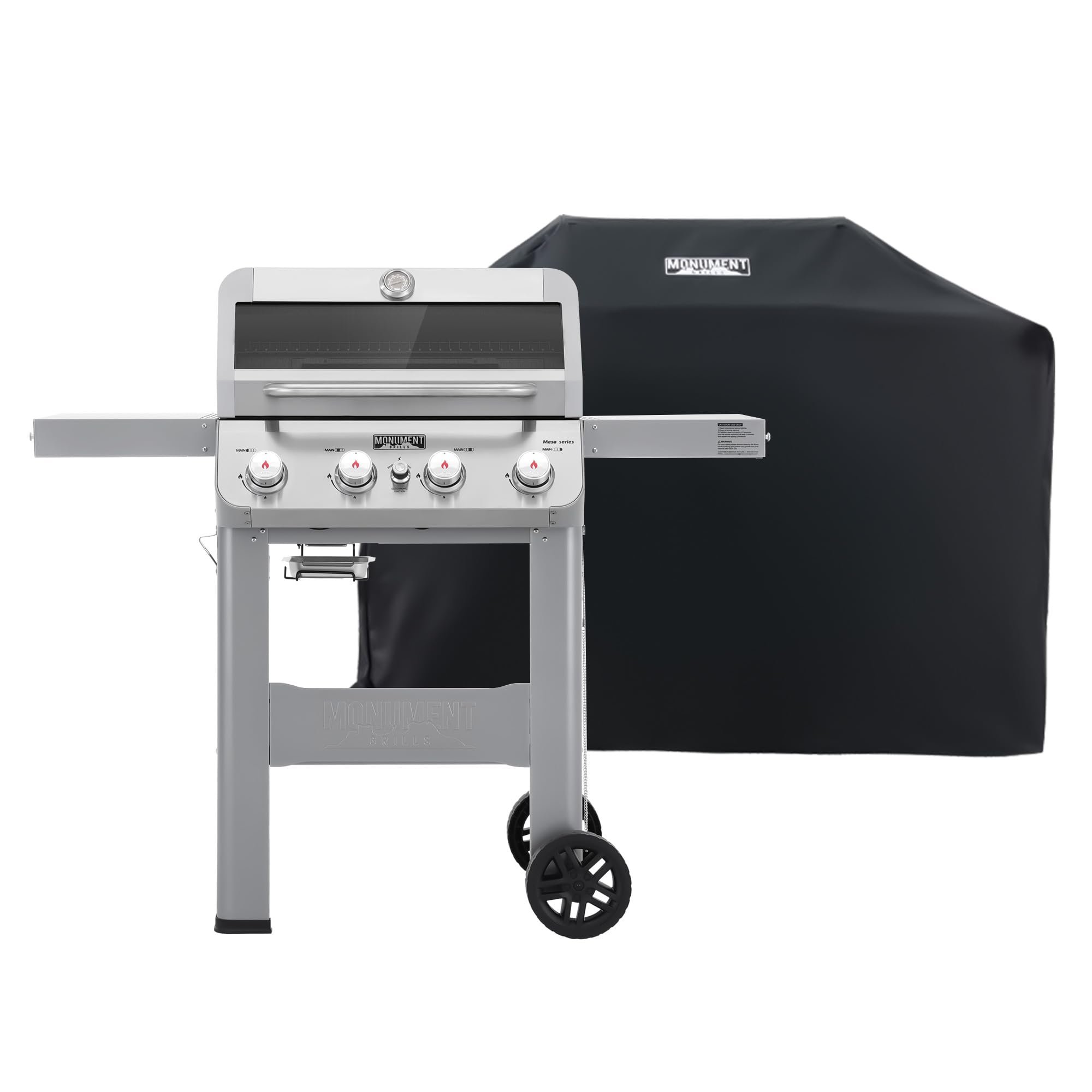 Monument Grills 4-Burner Liquid Propane Gas Grill, Silver Stainless Steel Grill Patio Garden Barbecue Grill with Clearview® Lid and One Foldable Shelf, Mesa400MF with BBQ Cover