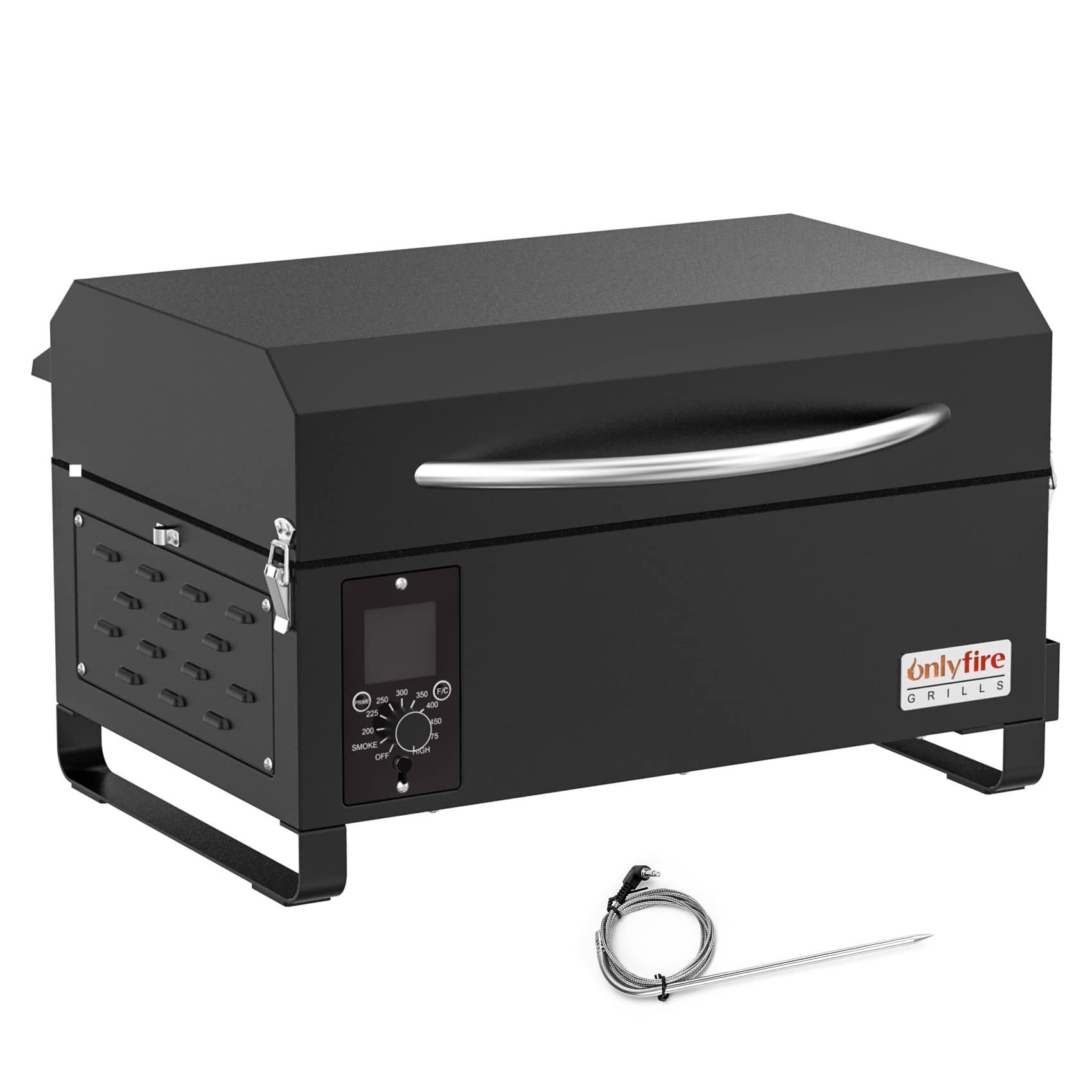 ONLYFIRE GRILLS BBQ Wood Pellet Grill Smoker with Meat Probe, 2 Tiers Cooking Area, Portable Tabletop Grilling Stove for Outdoor Kitchen Cooking Smoke and Roast, RV Camping, Black GS314
