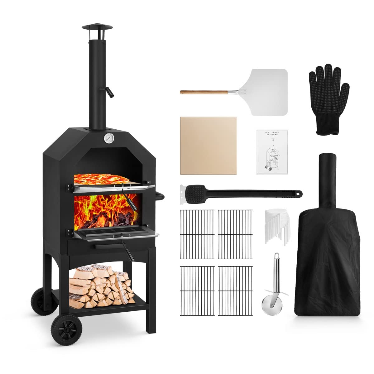 Outdoor Pizza Oven, Wood Fired for Outside, Patio Maker With Stone, Peel, Grill Rack, and Waterproof Cover for Backyard Camping