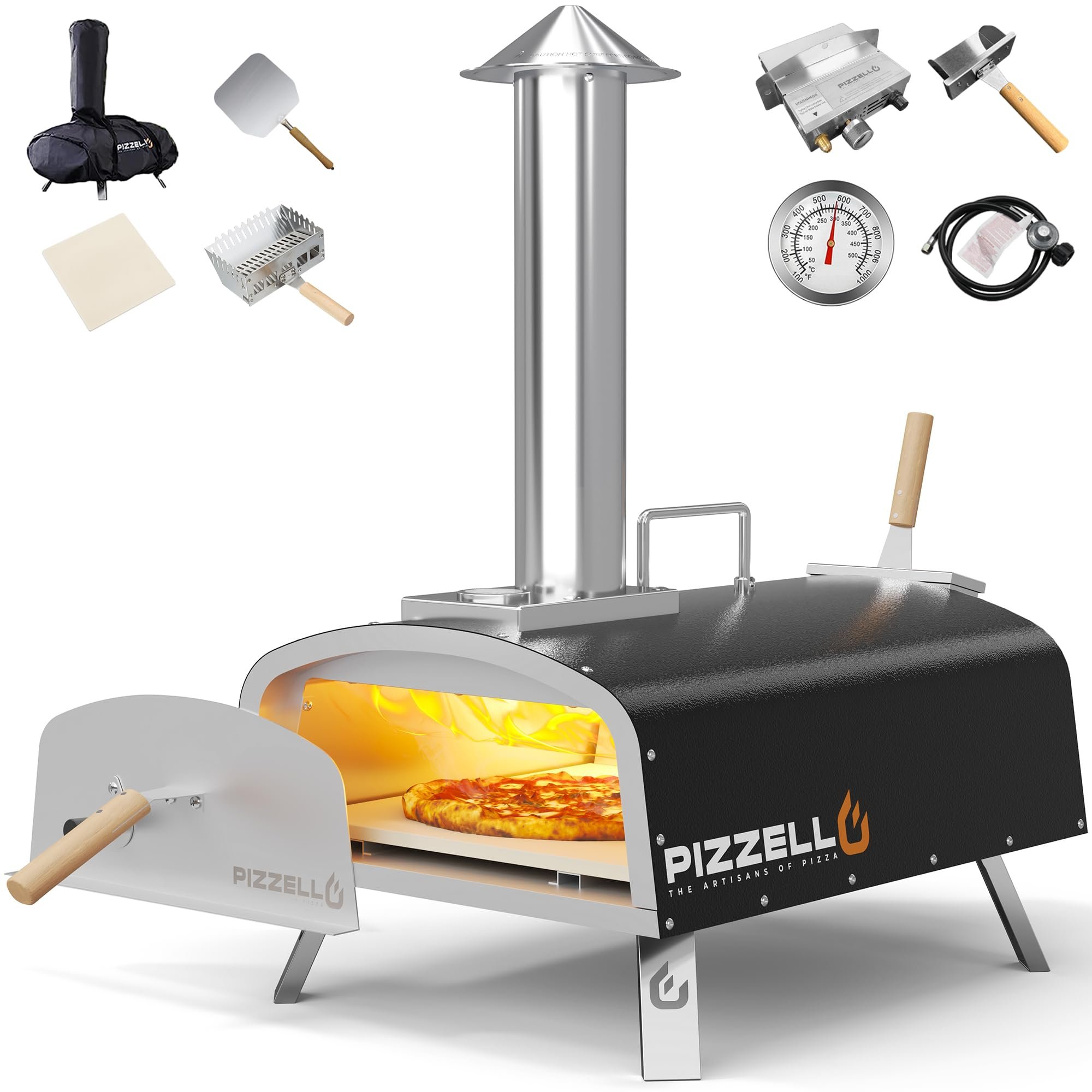 PIZZELLO 16" Outdoor Pizza Oven Propane and Wood Fired Stainless Steel Pizza Grill with Gas Burner, Wood Tray Pizza Stone, Pizza Peel, Carry Bag, Pizzello Forte Gas (Black)