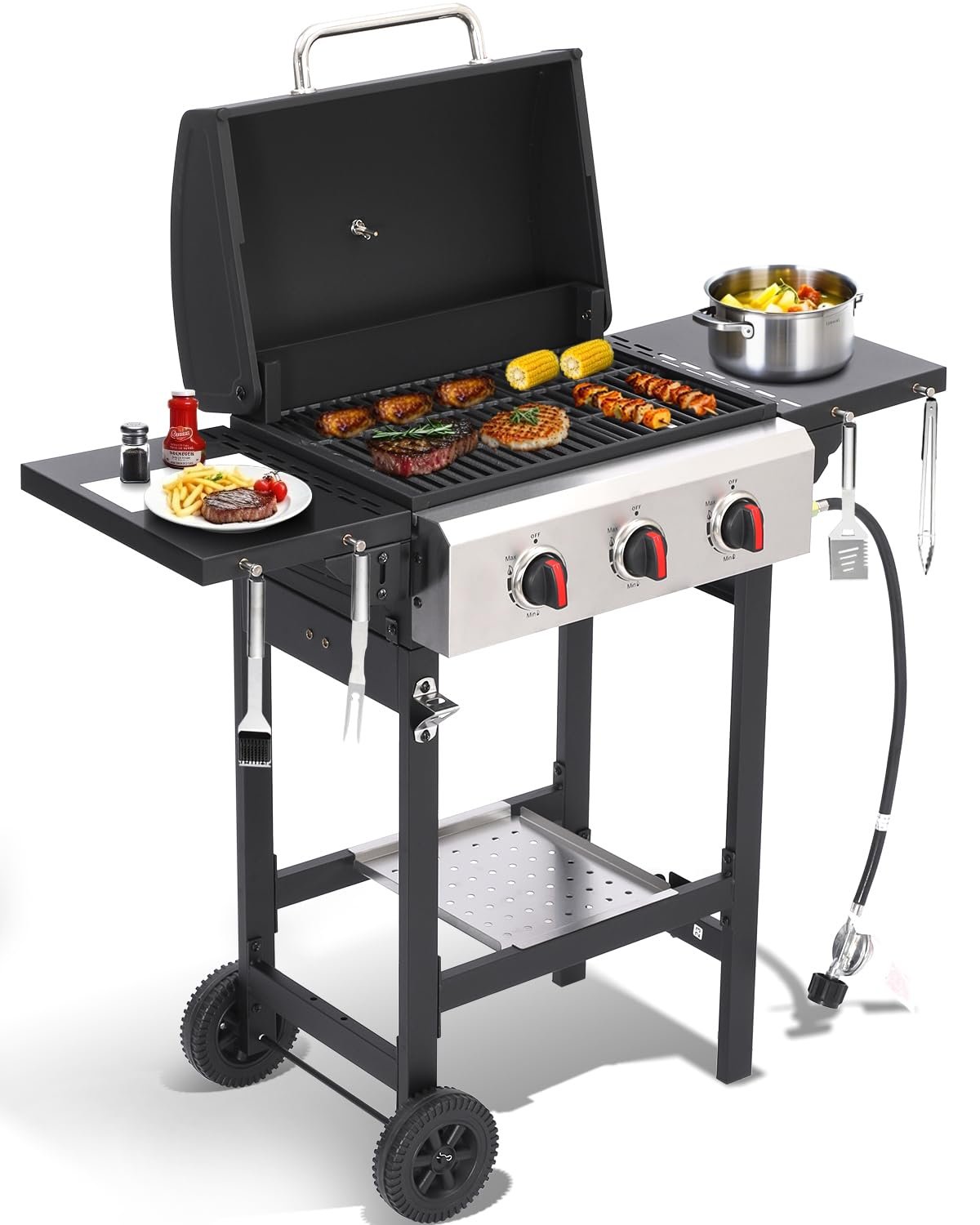 Propane Gas Grill with Folding Side Tables, 3-Burner Gas Grill with Cast Iron Grates and Stainless Steel Griddle Pan, Outdoor BBQ Grill Portable with Wheels 30000 BTU Output
