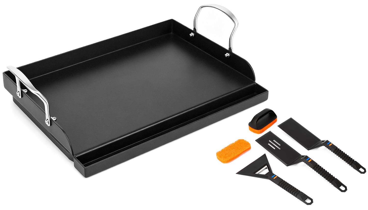 QuliMetal 17" x 13" Cast Iron Grill Griddle Kit, Pre-Seasoned Flat Top Griddle Plate with Scratch-Safe Tools, Universal Outdoor Griddle for Gas and Charcoal Grills, Camping, BBQ and Tailgating