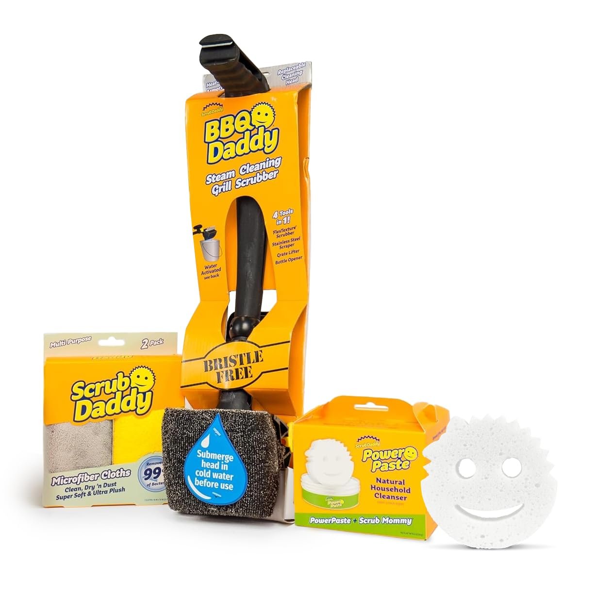 Scrub Daddy Household Cleaning + BBQ Bundle - BBQ Daddy Bristle Free Grill Brush - 2 Microfiber Cleaning Towels - All Purpose Cleaner PowerPaste Cleaning Paste + Scrub Mommy Sponge