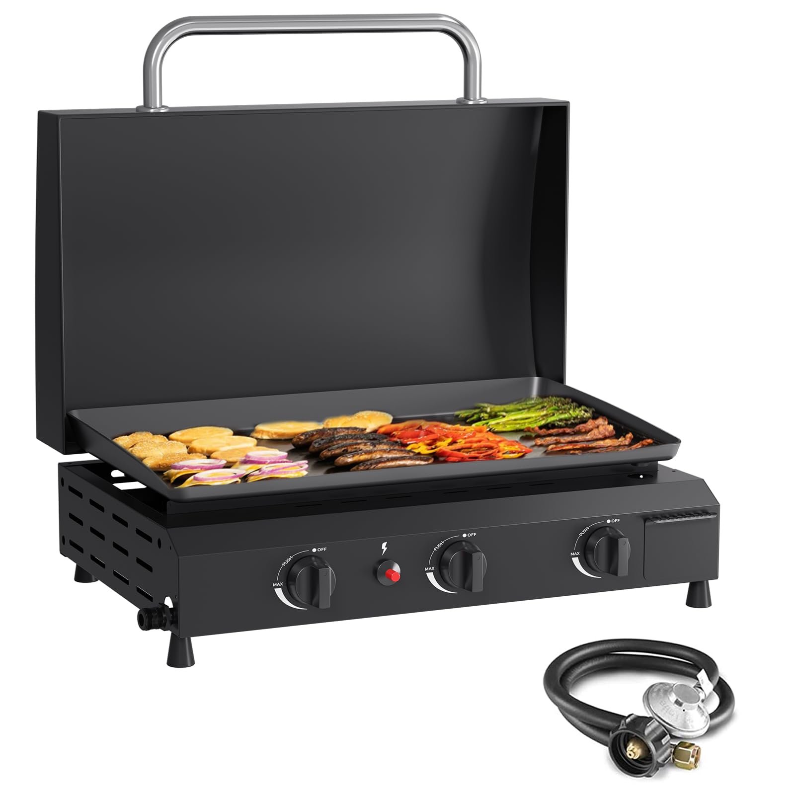 SKOK 23.3 Inch Flat Top Grill, Gas Griddle with Hood, Portable Tabletop Propane Gas Griddle Grill for Camping, Outdoor & Tailgating Barbecue, 45,000 BTU Output, 3 Burners