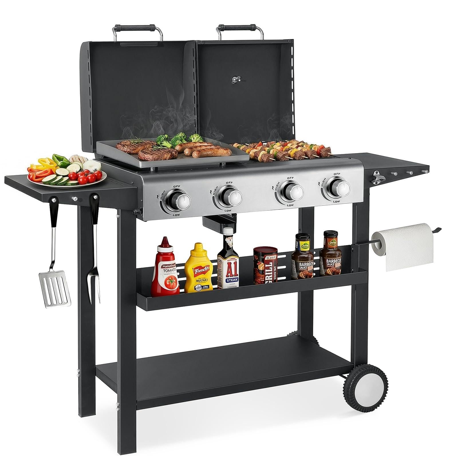 SKOK 4 Burner 3-in-1 Charcoal/Gas/Griddle Combo Outdoor Grill – 331 Sq. In. Cast Iron Grate & Griddle Pan, Propane Griddle Grill Combo for Outdoor Cooking, Backyard, Patio, Camping