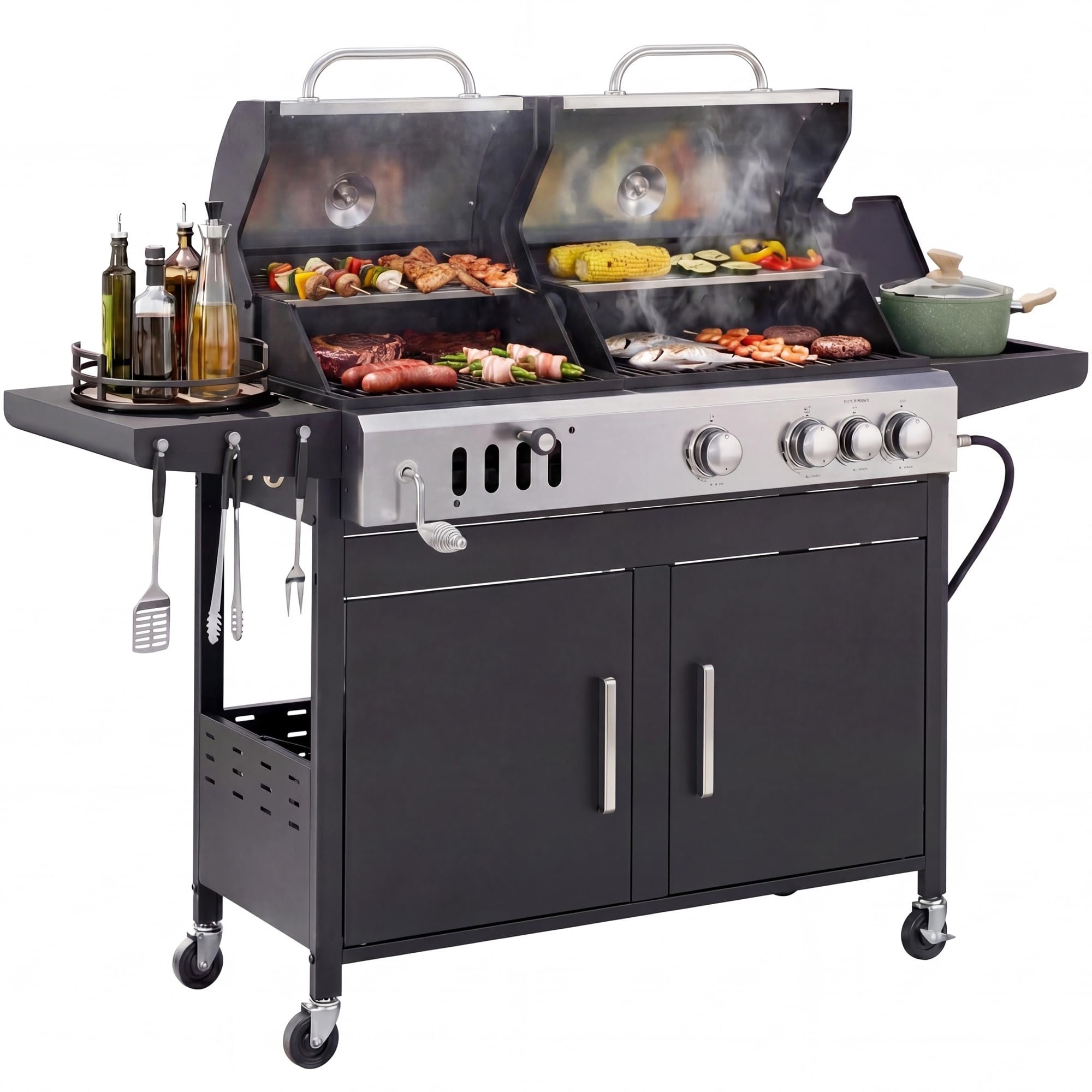 Sophia & William Charcoal and Propane Gas Grill Combo with Side Burner & Porcelain-Enameled Cast Iron Grate, Dual Fuel BBQ Grill for Outdoor, Barbecue Grill, 690 SQIN Cooking Area