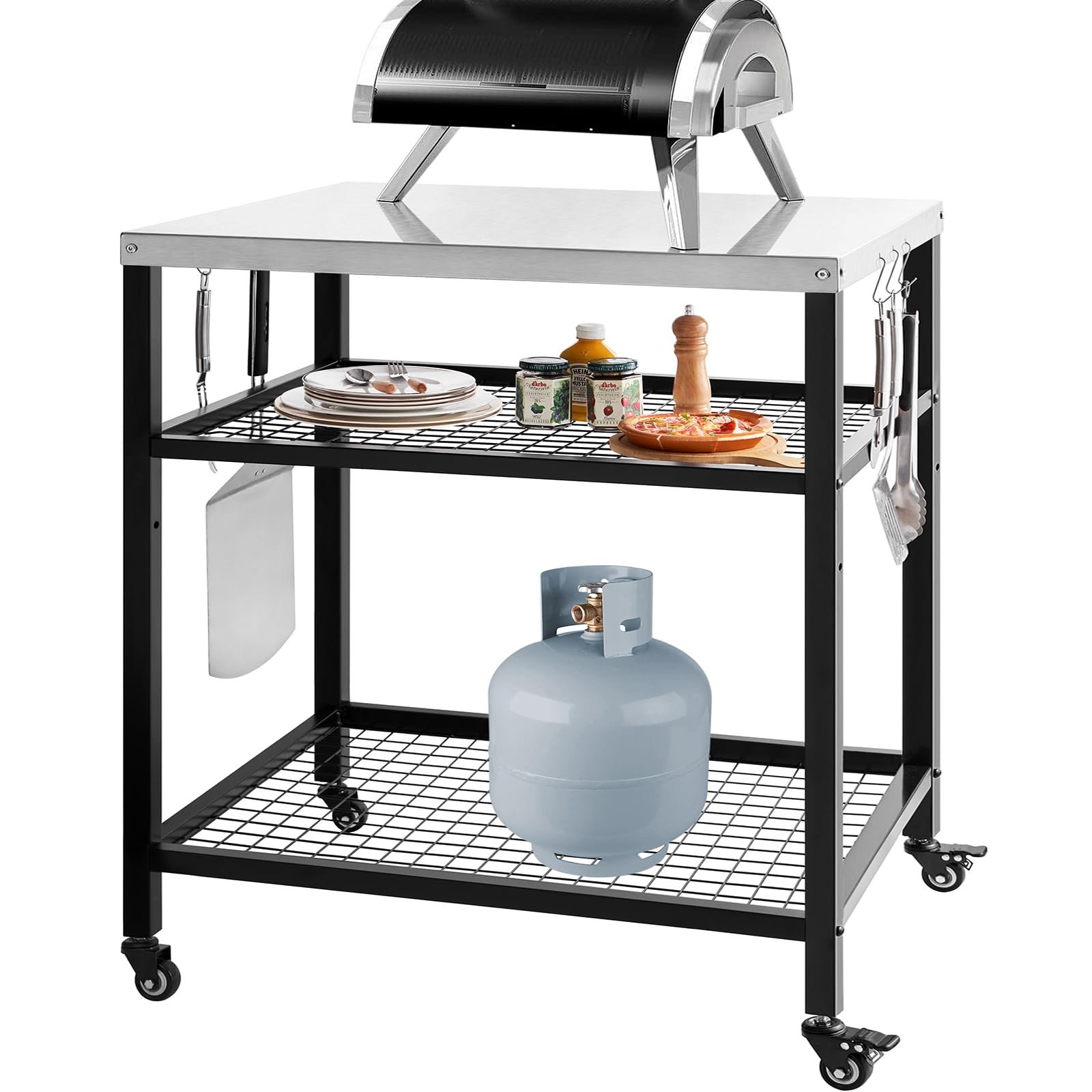 Stainless Steel Outdoor Grill Cart Pizza Oven Stand Trolley Table with Wheels Three-Shelf Movable Food Prep and Work Table Heavy Duty Grill Carts Outdoor Cart 31.5"×24"×35.5"