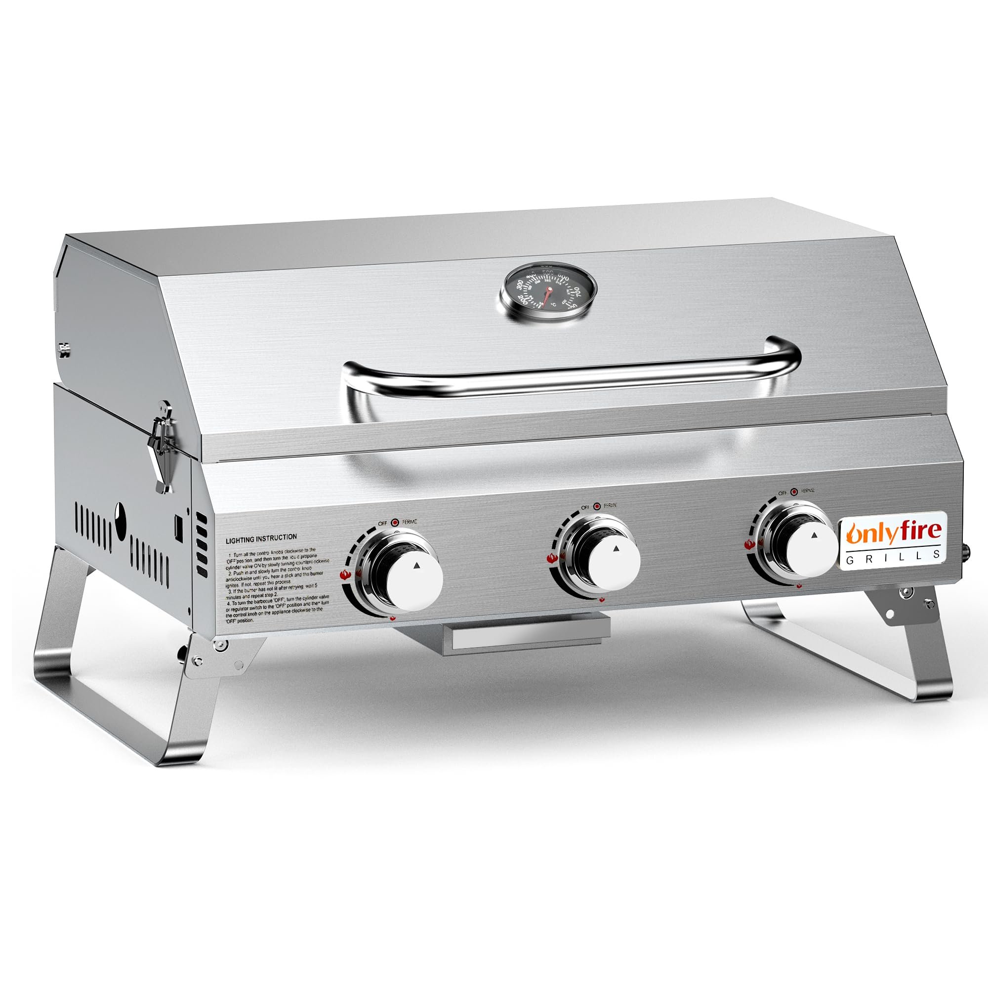 Tabletop Gas Grill 3 Burners, Portable Propane BBQ Grill with Foldable Legs & 22" Stainless Steel Grate for Outdoor Patio Backyard Barbecue, Camping Tailgating RV, 24000BTU High Output, Classic GS307