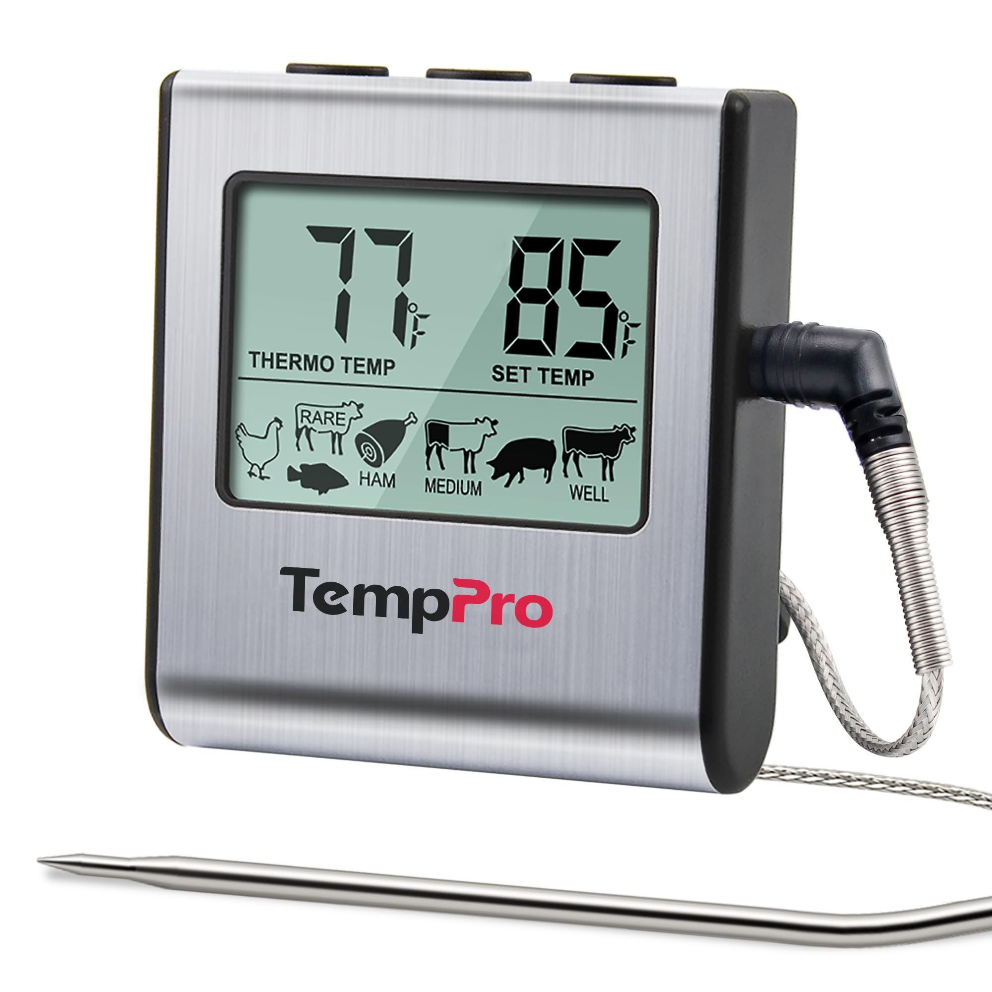 TempPro TP16 Large LCD Digital Cooking Food Meat Thermometer for Smoker Oven Kitchen BBQ Grill Thermometer Clock Timer with Stainless Steel Temperature Probe(Previously ThermoPro)