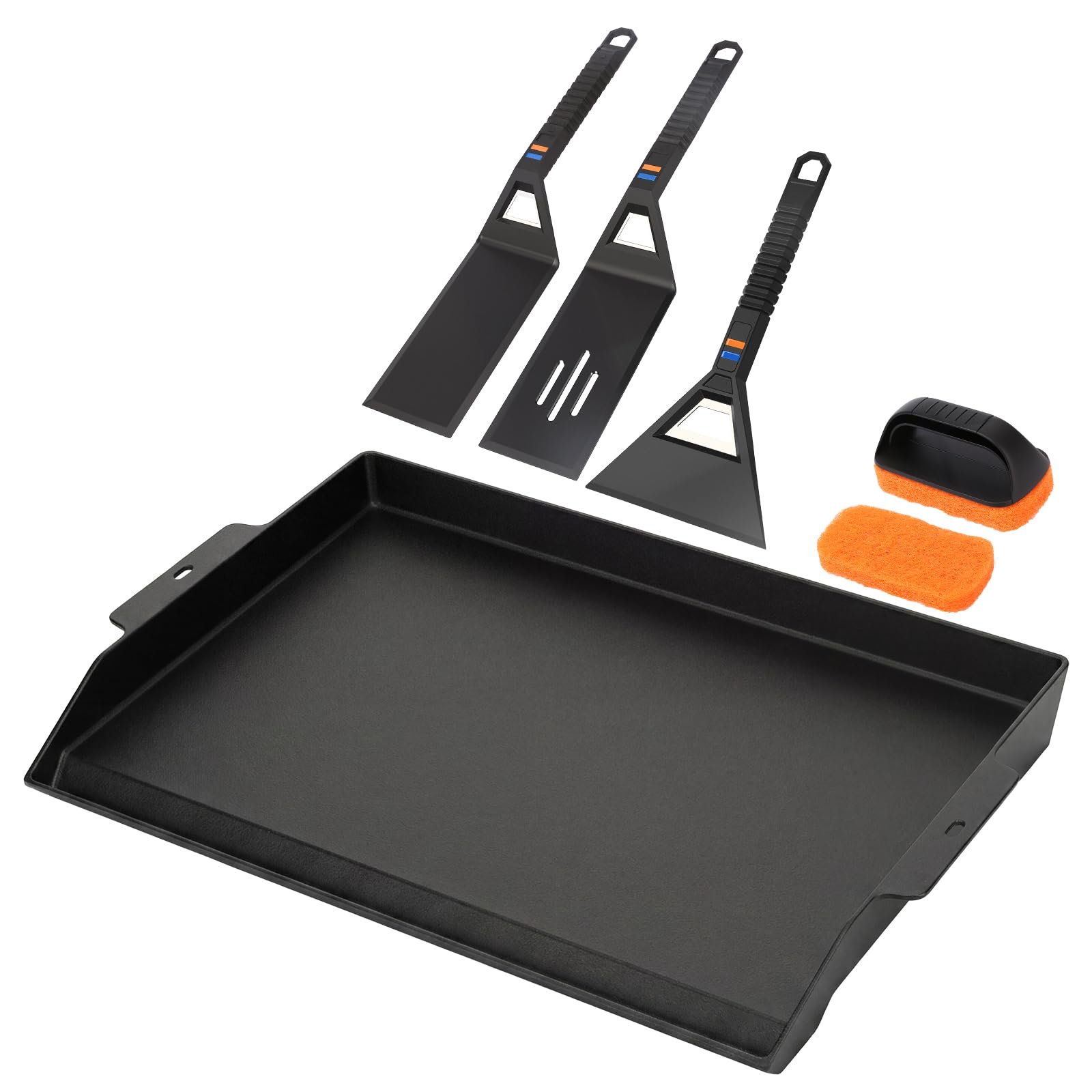 Utheer Griddle Kit, 25" x 16" Pre-Seasoned Cast Iron Flat Top Griddle with 5-Piece Scratch-Free Silicone Tools, Universal Grill Griddle for Gas Grill & Stove Top, BBQ, Camping and Cooking
