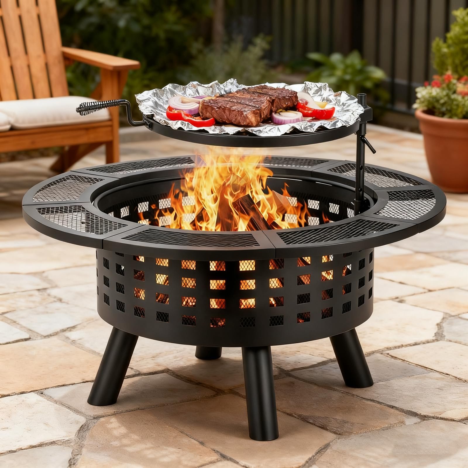Verdeluxe 36 inch Outdoor Fire Pit with Grill,Wood Burning Fire Pits for Outside with Lid & Fire Poker,Metal 3-in-1 Firepit Table with Cooking Grate,Outdoor Firepit for Yard,Bonfire,Patio(Charcoal)